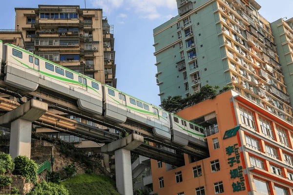 Train going through building